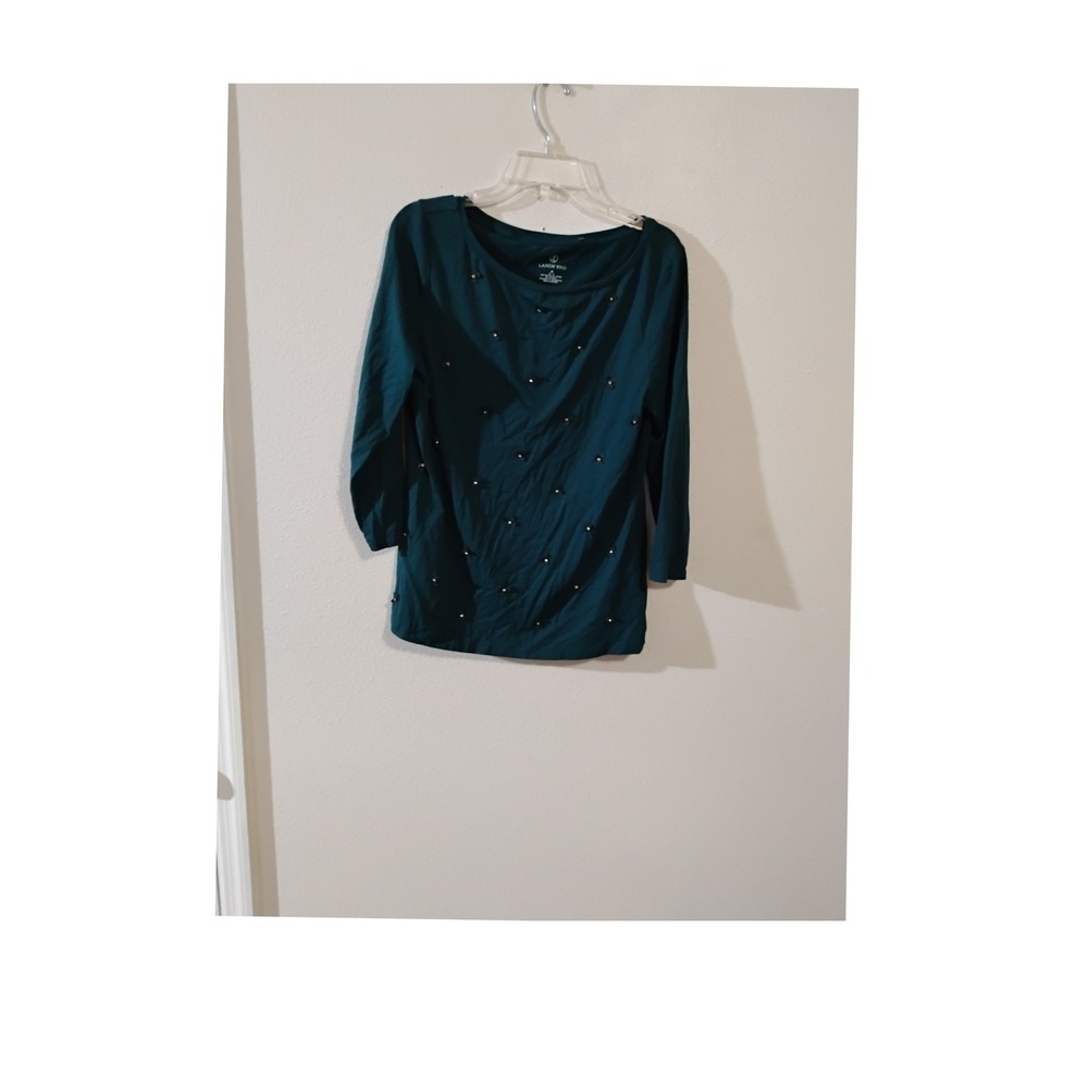 Lands End Womens Medium 10-12 Teal Green Studded Boatneck 3/4 Sleeve Top